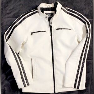 Faux Leather White and Black Bomber Jacket with Stripes
